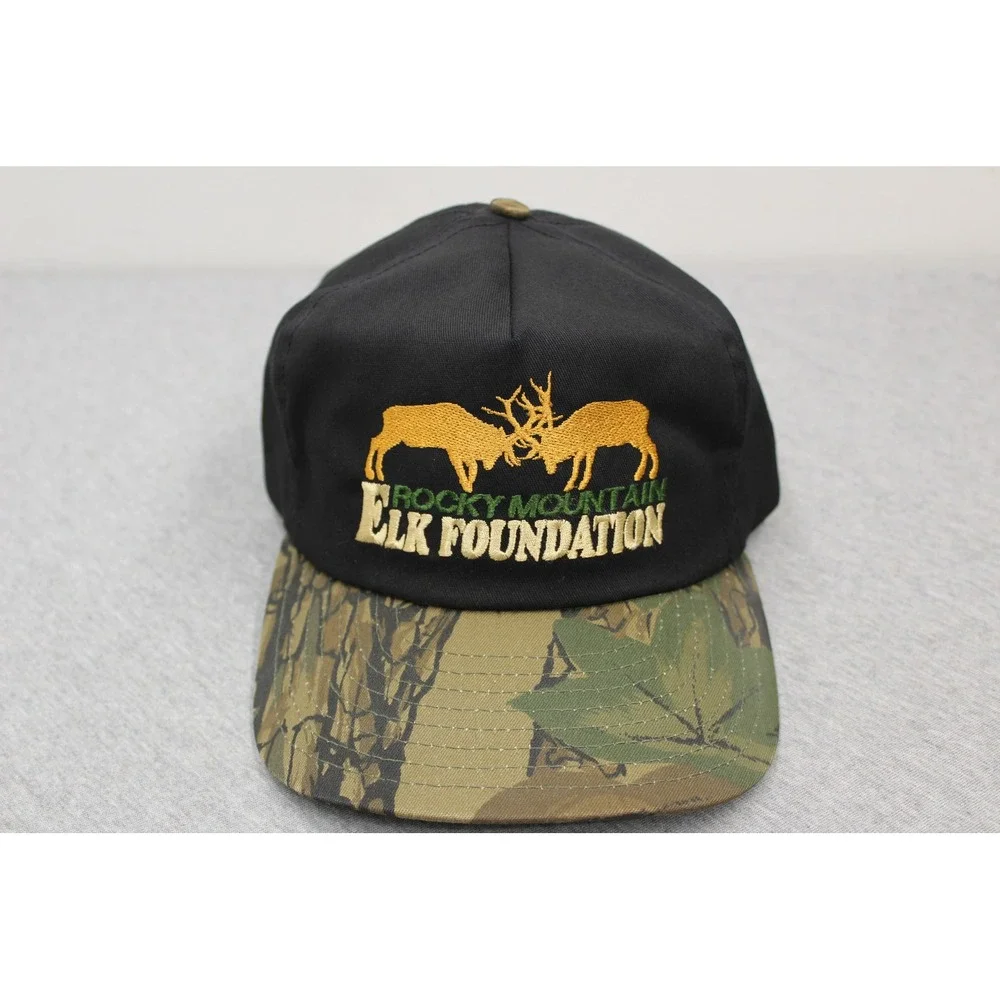 VTG Rocky Mountain Elk Foundation Hat Mens OSFA Black Camo Snapback Hunting Cap
